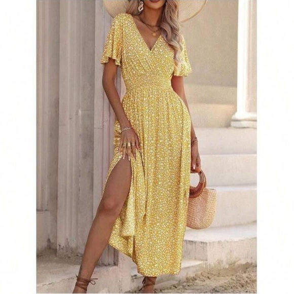 V neck flutter sleeve boho floral print maxi dress pink - Picture 6 of 6